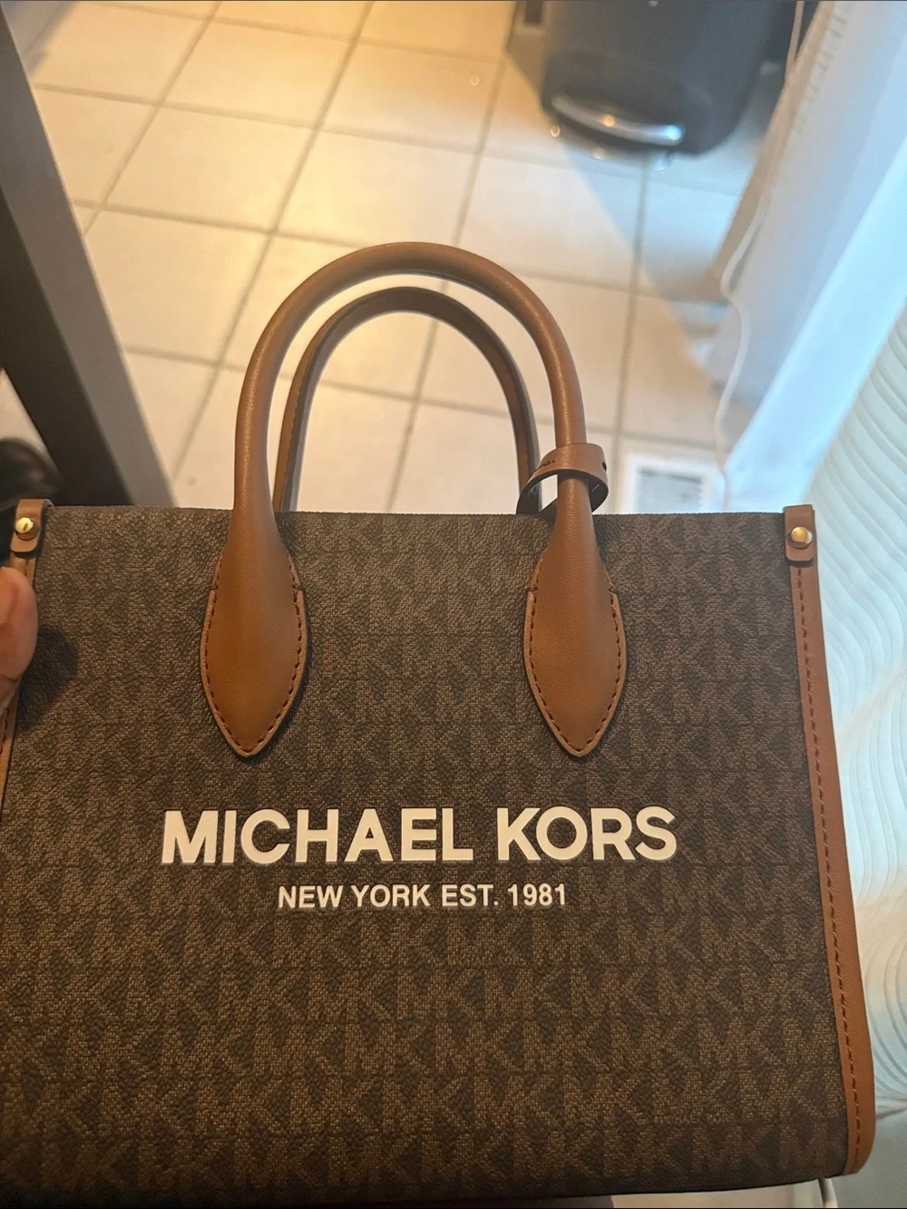 Michael Kors Brown Logo Messenger Bag with Tan Handles